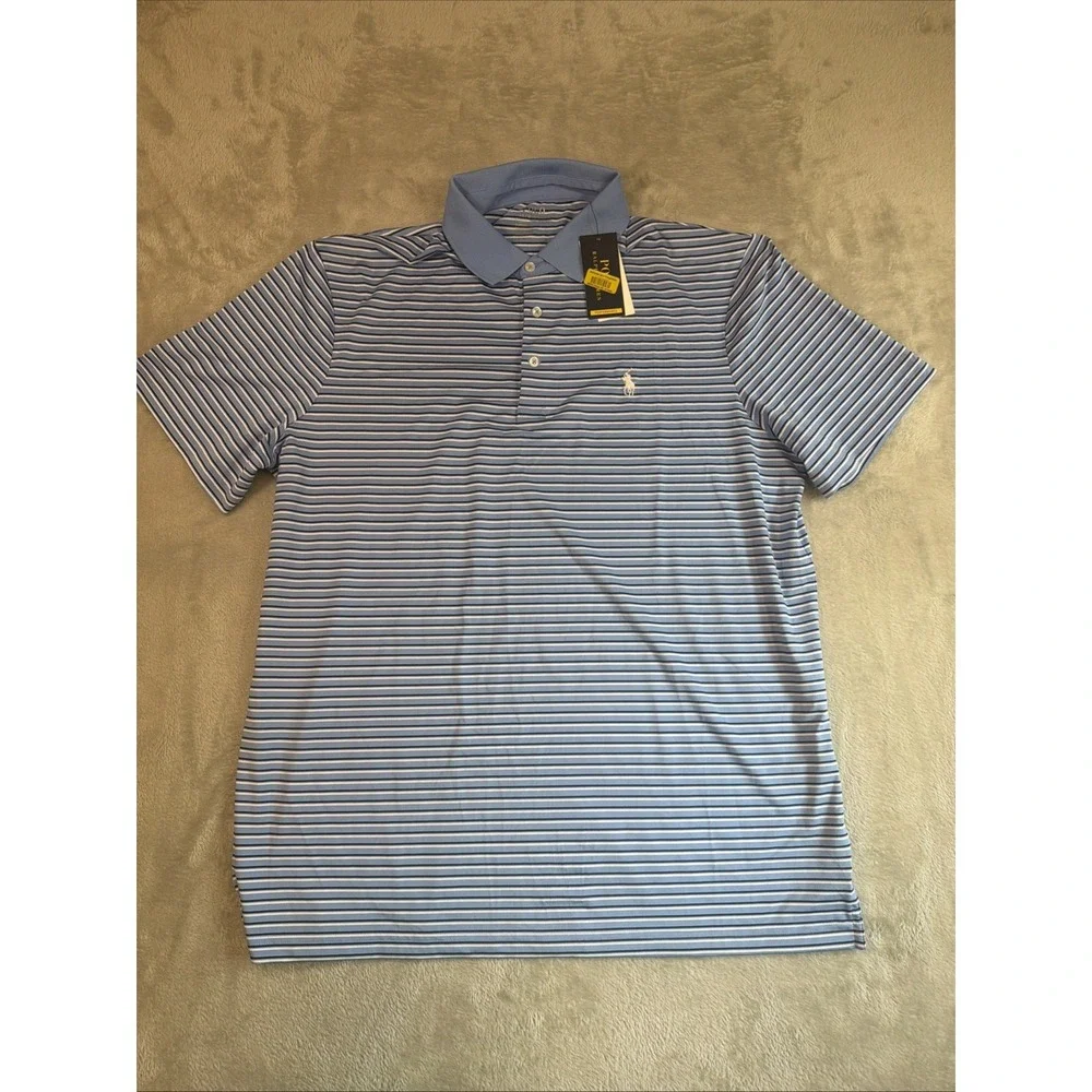 Polo Ralph Lauren men's Performance Light Blue and Navy Striped Polo Size L